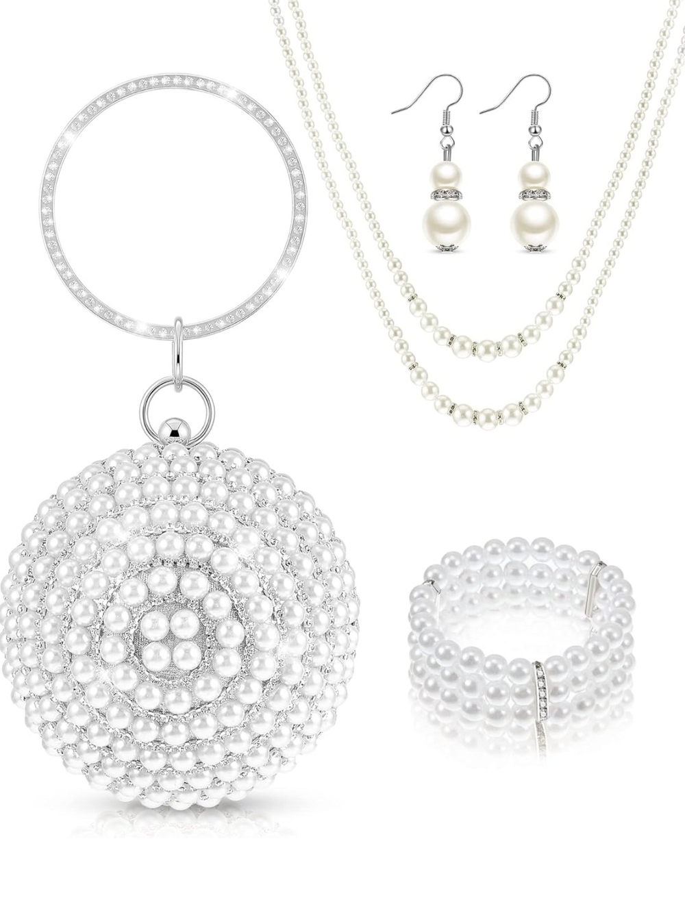 Elegant Pearl Jewelry Set โ White Pearl Necklace, Bracelet & Earrings